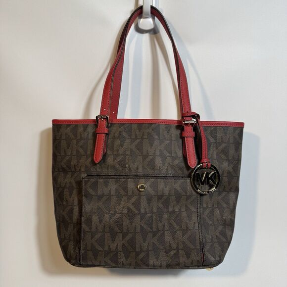 Michael Kors Signature Leather Jet Set Tote Bag Dark Brown Red PVC Leather - Picture 1 of 10